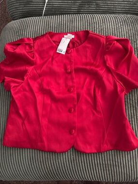 H&M Bright Red Puff-Sleeve Button-Up Blouse